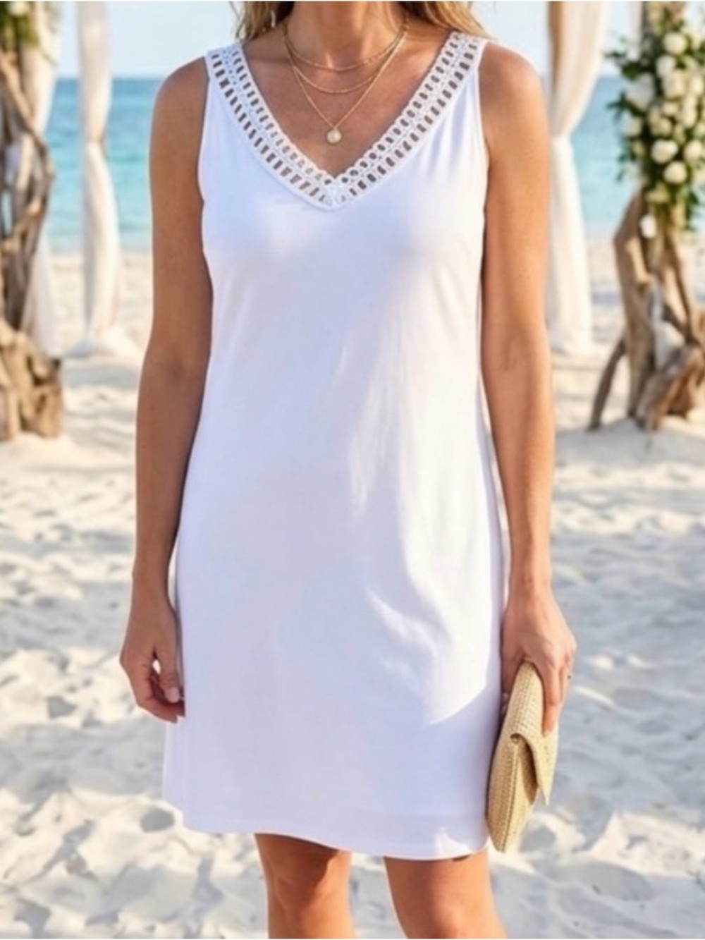 Talbots White Crocheted Trim V neck Sleeveless Dress 100% cotton size L